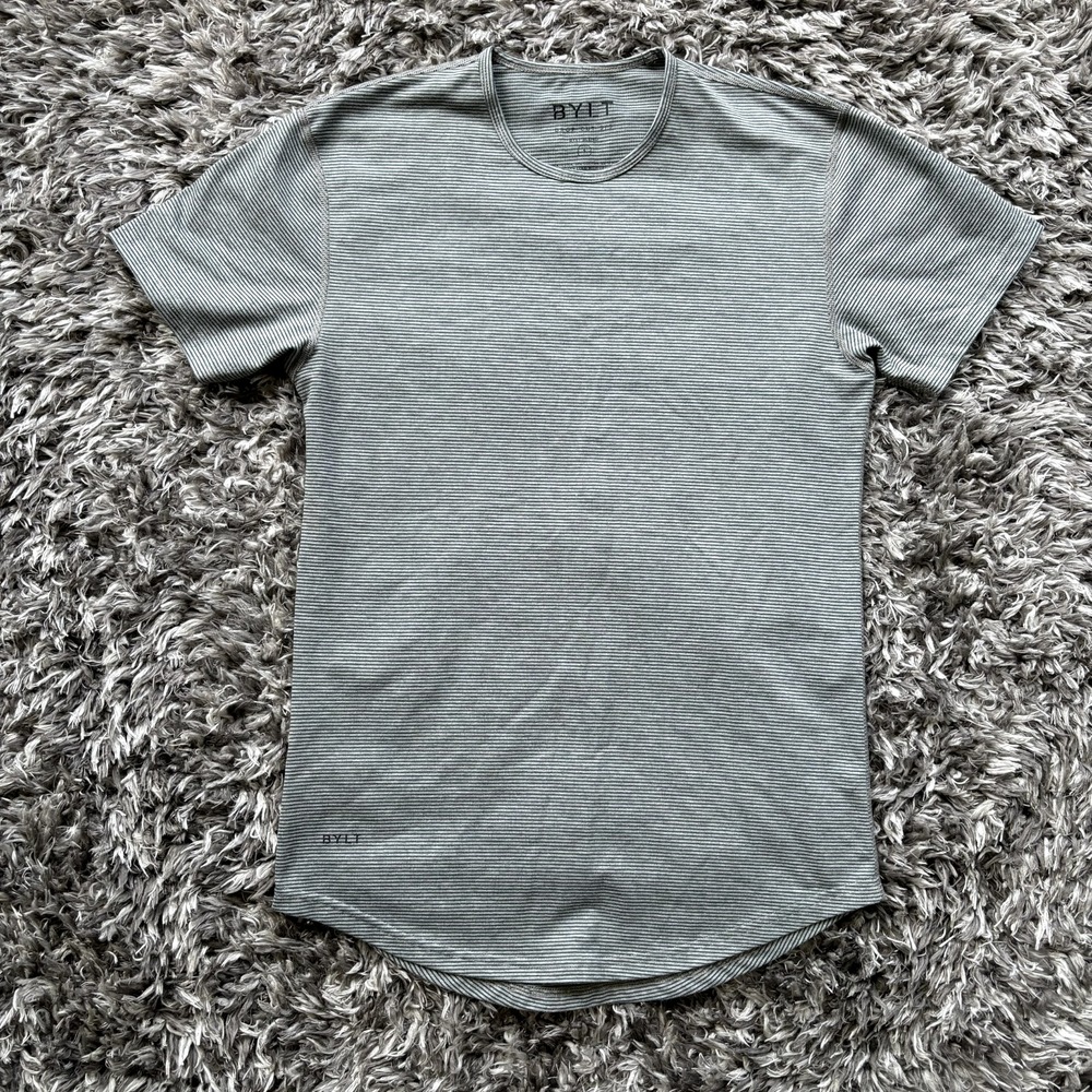 BYLT Basics Drop Cut SS Striped T-Shirt Mens Small Grey White Athletic Fit